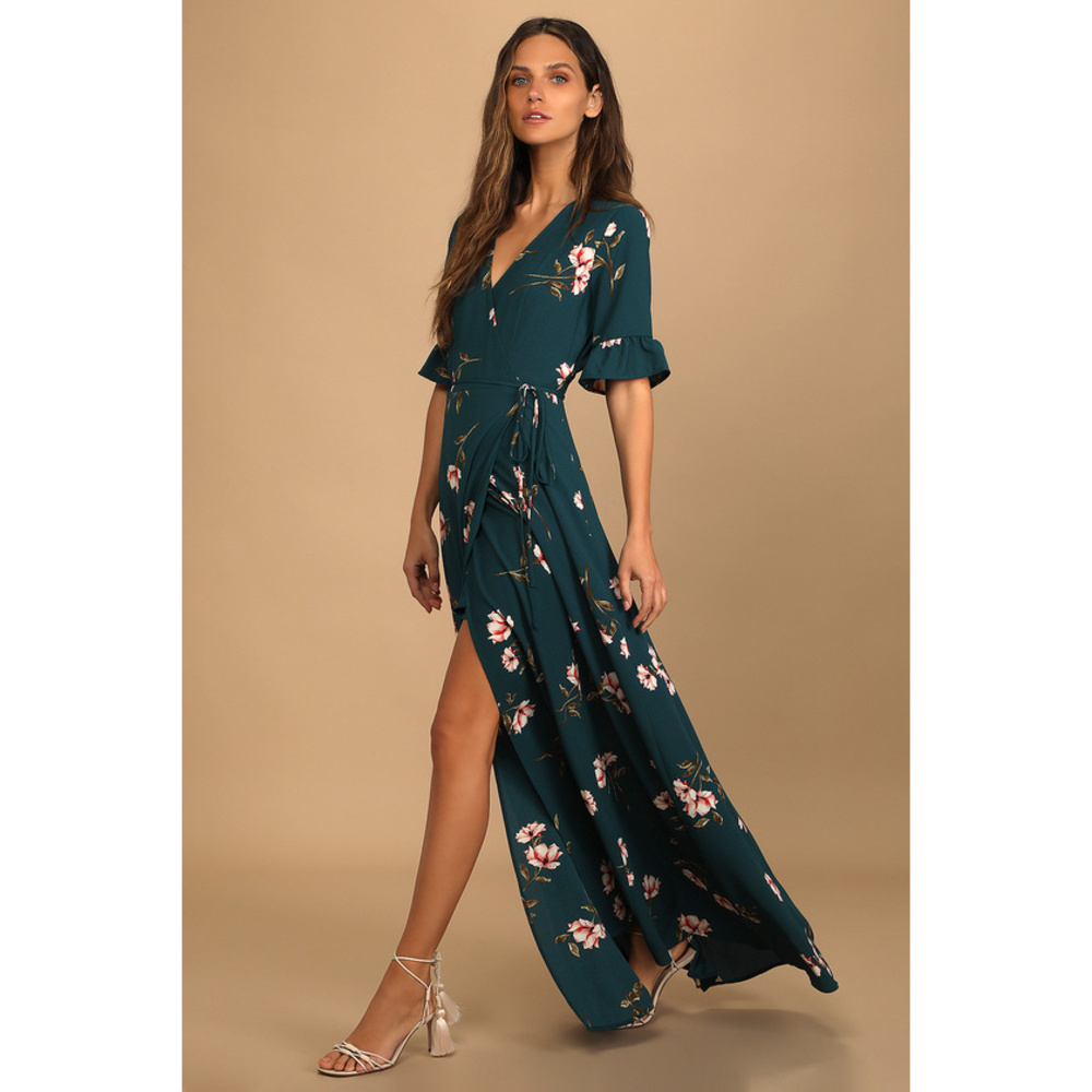 Lulus September Sunsets Dark Teal Floral Print Wrap Maxi Dress Blue - Size XL